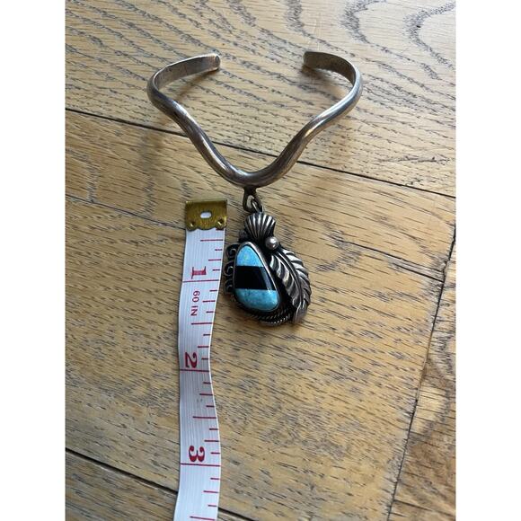 Signed Navajo Sterling Silver Turquoise Onyx Inlay Cuff Bracelet Sweater Drop - Picture 6 of 7